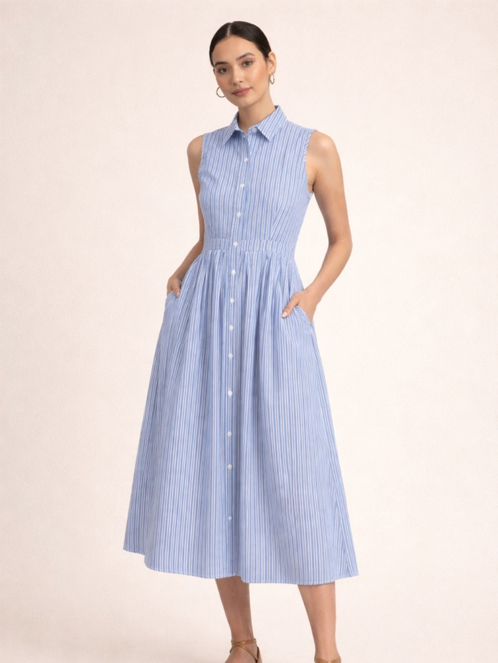 Jones New York Sz 6 Blue Striped Shirt Dress Sleeveless Button Front 100% Cotton